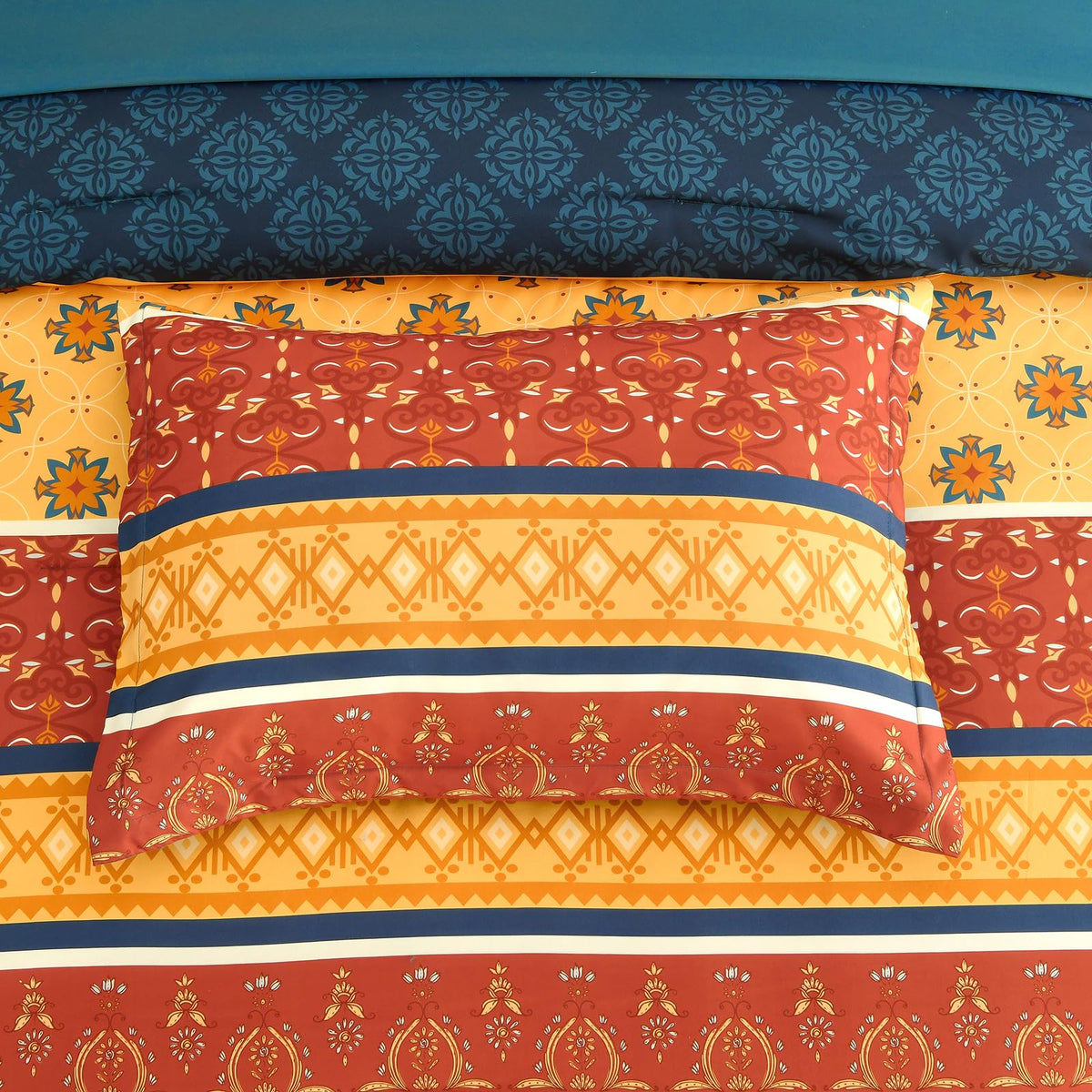 WONGS BEDDING Boho Comforter Set King Size,7 Pieces Bed in a Bag Bohemian Striped Bedding Set,Burnt Orange Paisley Floral Comfortet and Sheet Set,Soft Microfiber Bedding Sets for All Season