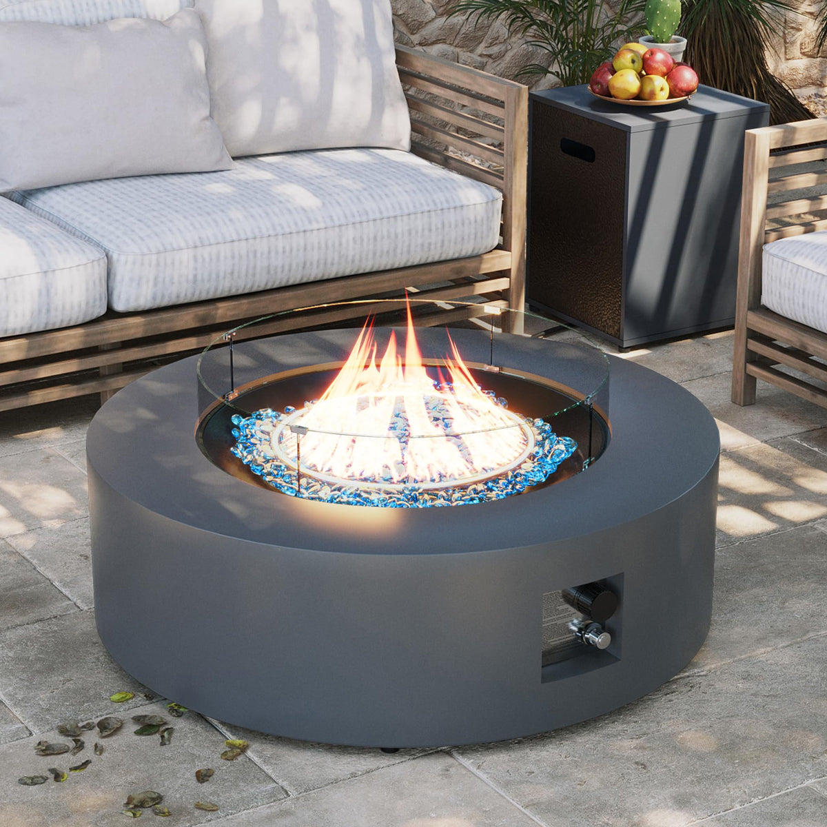 UPHA 42-inch Outdoor Propane Gas Fire Pit Table 50000 BTU Iron Round Firepit for Outside Patio with Tank Hidden Table, Wind Guard, Removable Lid, Blue Glass Rocks, Rain Cover, Grey