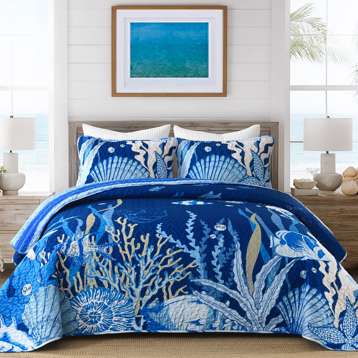 DJY Coastal Quilt Set King Size 3 Piece, Beach Theme Pattern Quilted Blanket Thin Reversible Microfiber Bedding Lightweight Soft Bedspread Coverlet Sets for All Season (1 Quilt, 2 Pillow Shams)