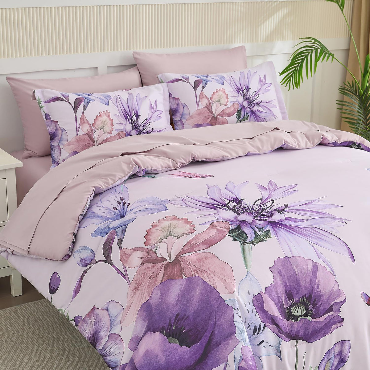 Yogeneg Queen Comforter Set 7 Piece Bed in a Bag,Elegant Floral Botanical Pattern Purple Bedding Set,Soft Microfiber Comforter with Sheet Set,All Season Bed Set(Purple Floral,Queen)