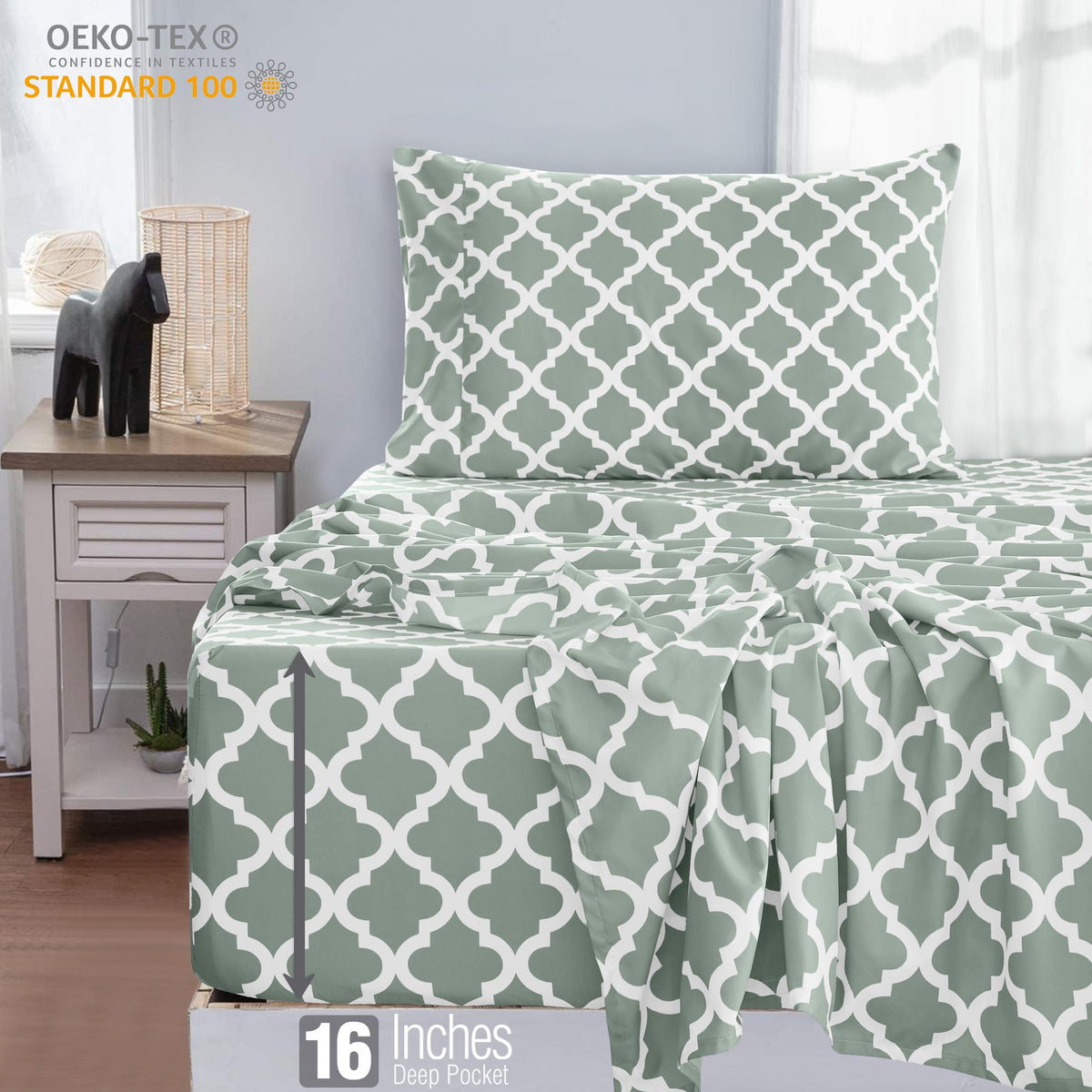 LUX Décor Quatrefoil Twin Sheet Set - 3 Piece Ultra-Soft Microfiber Bed Sheets with Flat Sheet, 16 Inches Deep Pocket Fitted Sheet & Pillowcases, Breathable, Bedroom Decor, Oeko-TEX - Grey White