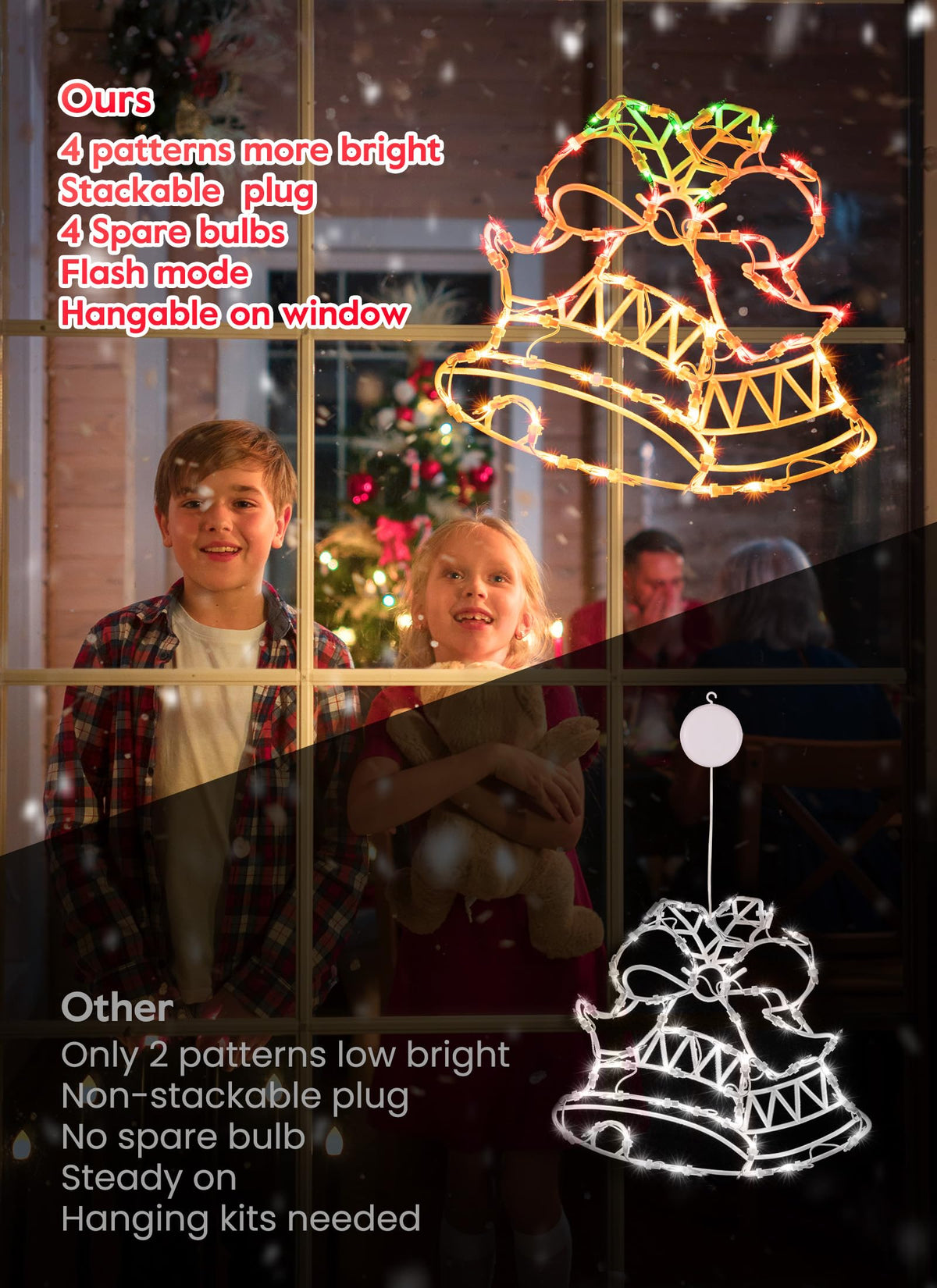 Christmas Window Silhouette Lights Decorations - Pack of 4 Sign Colour Lighted Wreath, Candy Cane, Bell, and Angel for Holiday Indoor Wall Door Glass Decor