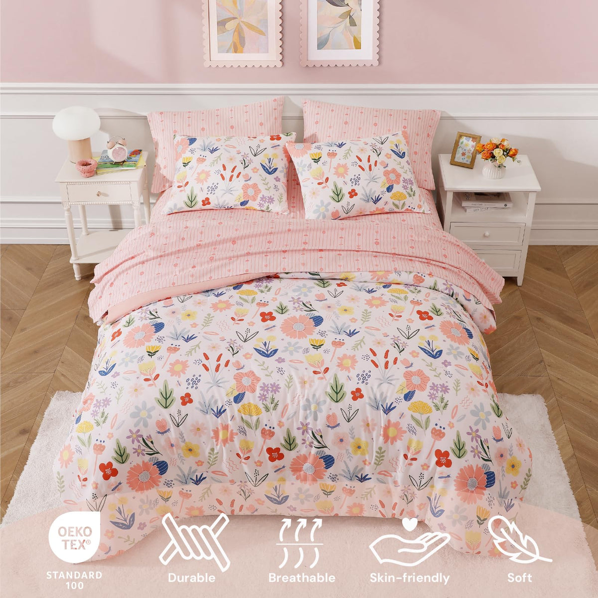 BLOOMHAVEN Twin XL Comforter Set for Girls, 5 Pieces Pink Bedding Set with Pastel Flower, All Seasons Kids Twin Comforter Set with Sheets, Pillowcase & Sham