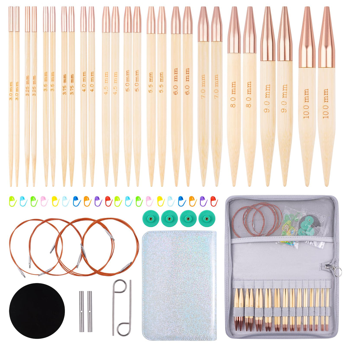 BsHooker Bamboo Circular Knitting Needles Set,13 Pairs Interchangeable Knitting Needles Kit with Storage Case,3mm-10mm Knitting Needles with Cables US 2.5-15