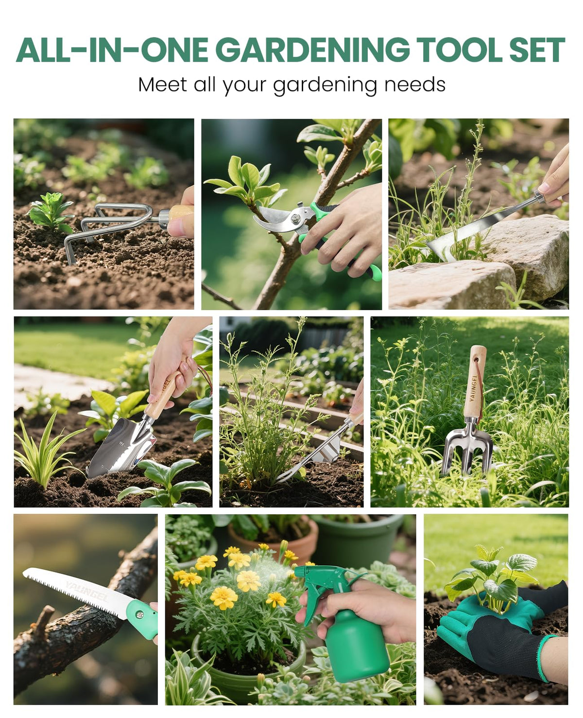 Gardening Tools - 10 Piece Heavy Duty Gardening Hand Tools Stainless Steel Garden Tools with Wooden Handle, Storage Garden Bag, Gardening Gifts for Women and Men