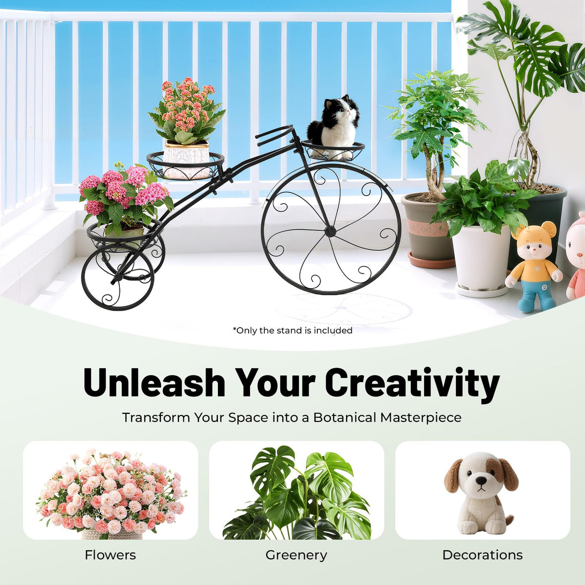 XEJMEOO Flower Cart, Bicycle Planter Stands 3 Tier Tricycle Flower Plant Stand Plant Corner Shelf with 3 Decorative Wheels Parisian Style Flower Display Stand Cart for Terraces Porches Gardens