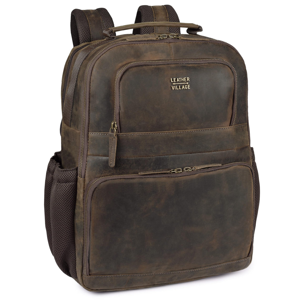 LEATHER VILLAGE Vintage Leather Laptop Backpack for Men & Women, Professional Business Bag Fits 17”- Laptop, Travel Hiking Daypack with Trolley Strap - Distressed Brown