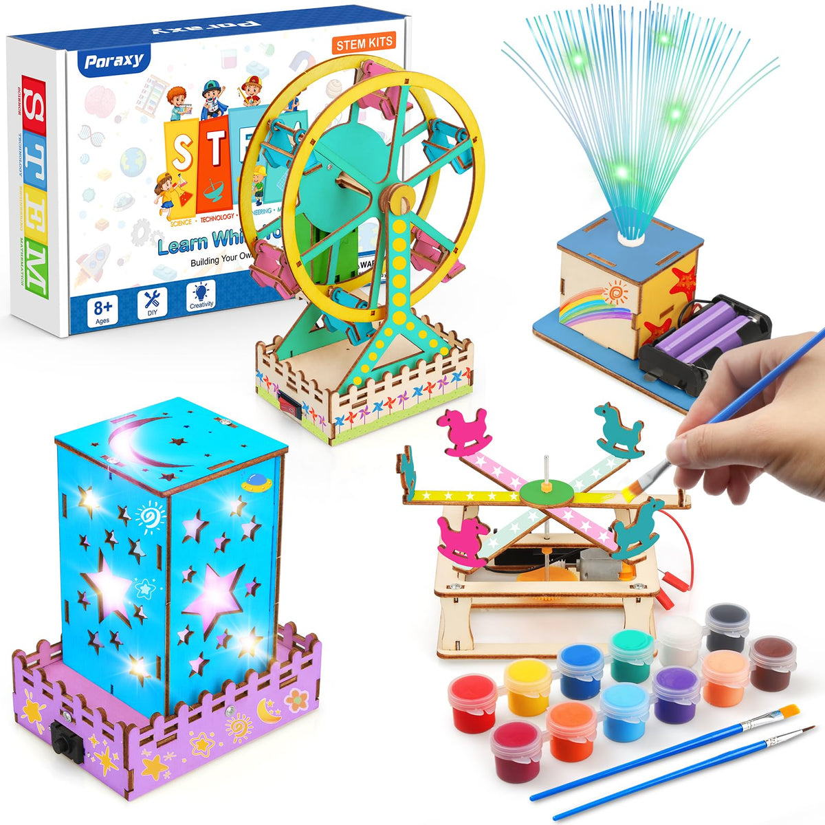 Poraxy 4 in 1 STEM Kits for Kids Ages 5-7 8-10 8-12,3D Wooden Puzzles, Science Project Model Craft Building Engineering Kit,STEM Toys for Ages 8-13,Birthday Gifts for Girls 6 7 8 9 10 11 12 Year Old