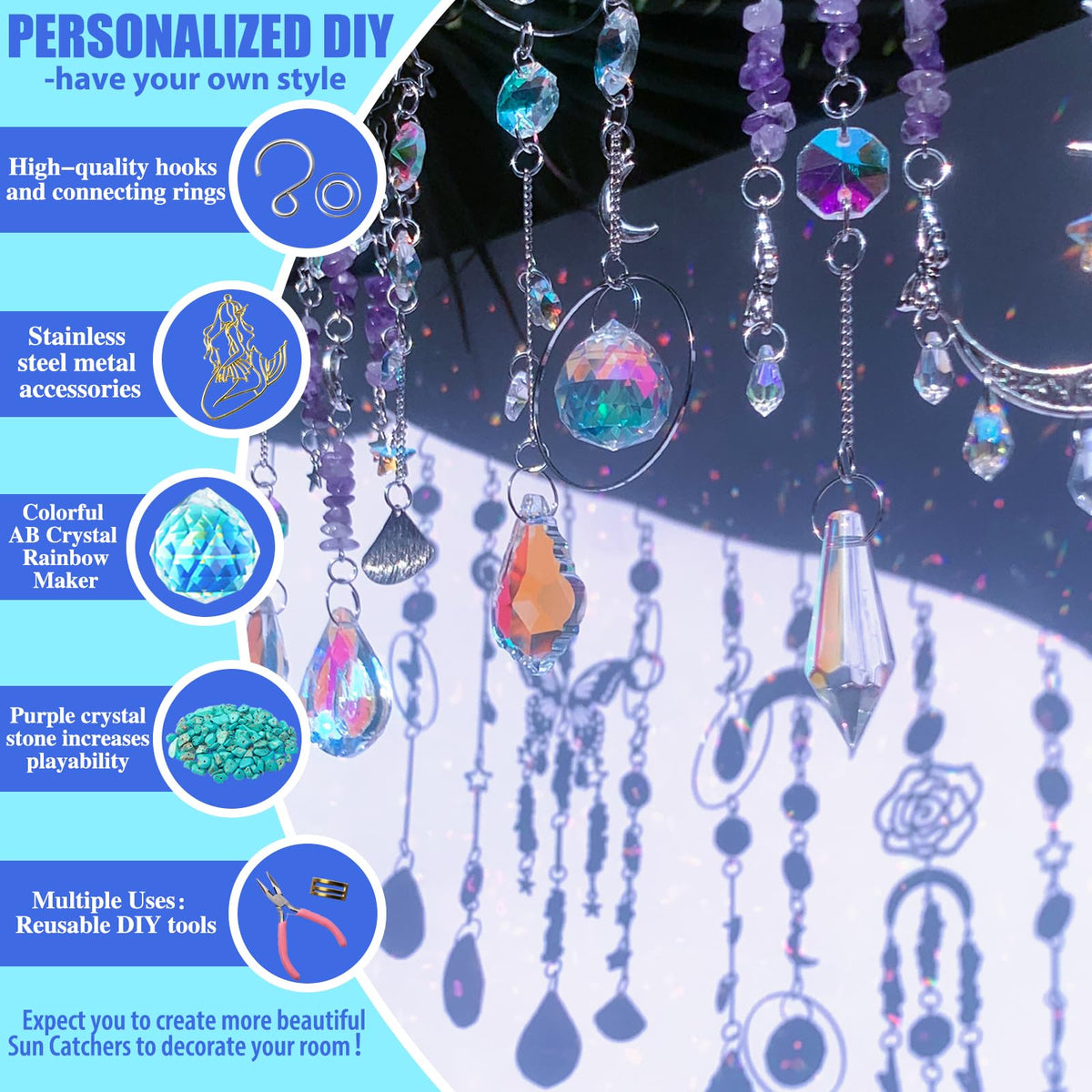 420pcs Suncatcher Making Kits for Adults Crystal Sun Catchers Crafts with Hooks Chains Pendants Rainbow Maker for Window Hanging Prism Indoor Outdoor Garden Xmas Wedding Party Decor (Mermaid)