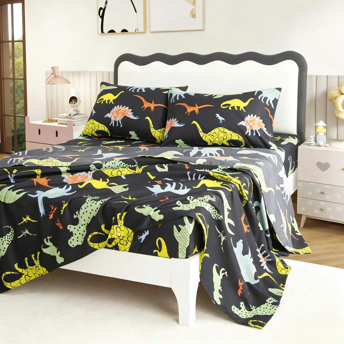 SDY 4 Pieces Dinosaur Sheets Full, Cartoon Dinosaur Full Size Sheets for Boys, Girls, Kids and Toddler, Bed in A Bag Packaged with 1 FittedSheet+ 1 Top FlatSheet + 2 Pillowcases