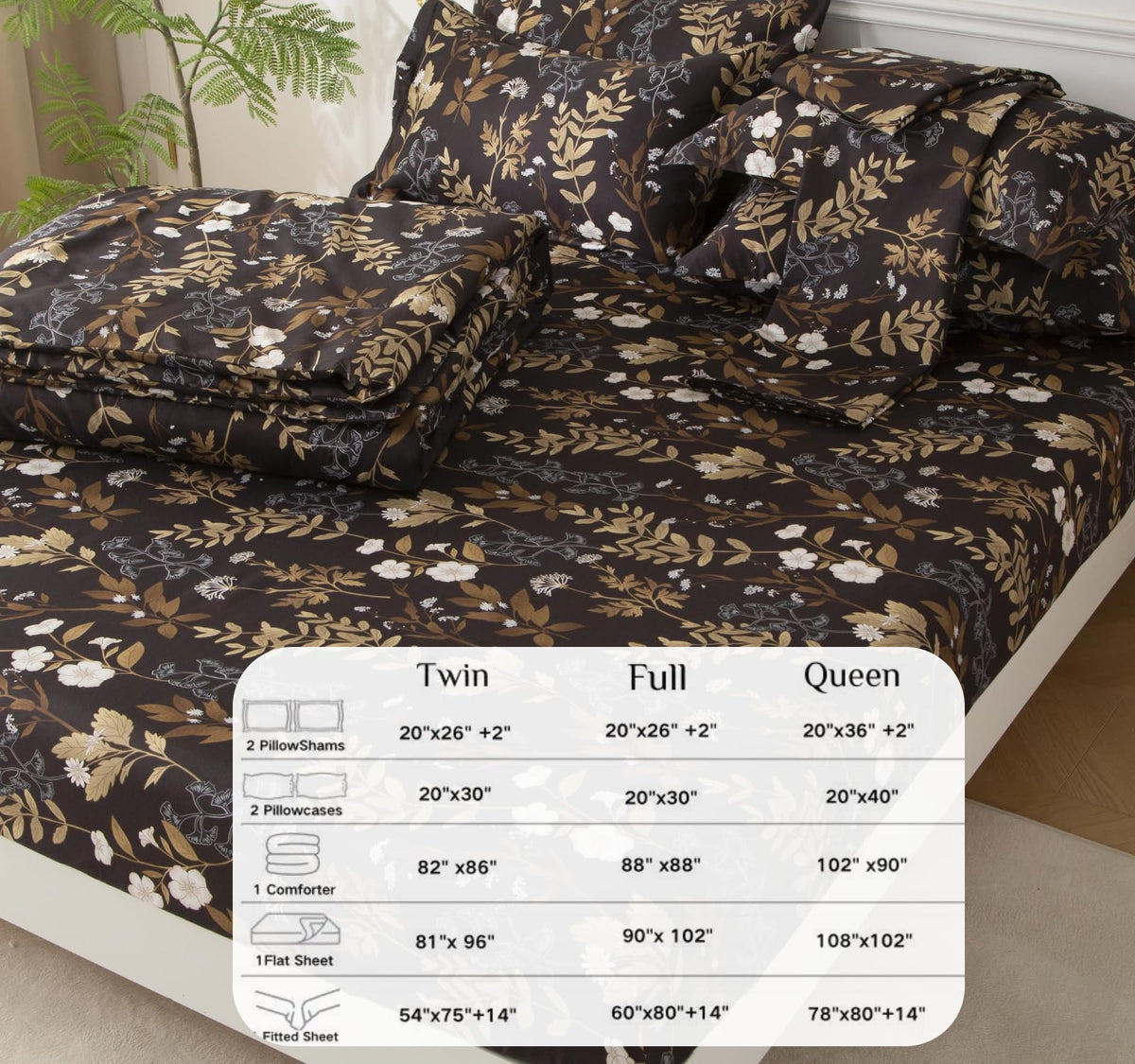 SDY 7PCS Twin Dark Floral Comforter and Sheet Set，Cute Soft Black Flower Microfiber Bedding Sets for Man Woman Adult Includes 1*Comforter,1* Flat&Fitted Sheet,2*Pillowcases,2*PillowcaseShams