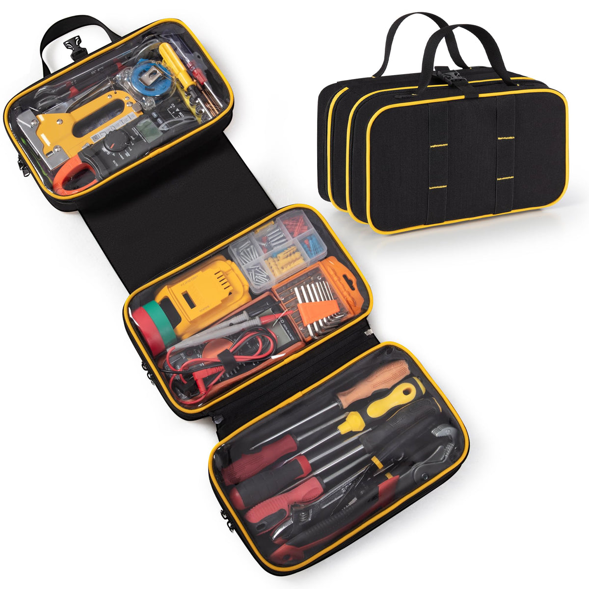 Marscamd Roll Up Tool Bag with 3 Clear Window Cases (One Detachable), Tri-fold Tool Bag Organizer for Hand Tools, Black