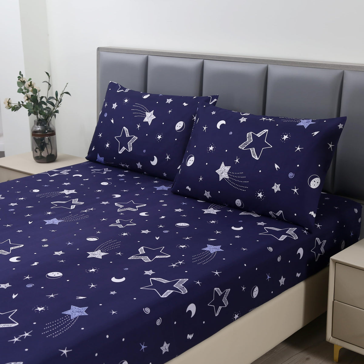 MAG 3pcs Purple Star Full Bed Sheet,Galaxy Space Microfiber Fitted Sheets with1 Fitted and 2 Pillowcases,14 Inches Deep (Purple and White,Full)
