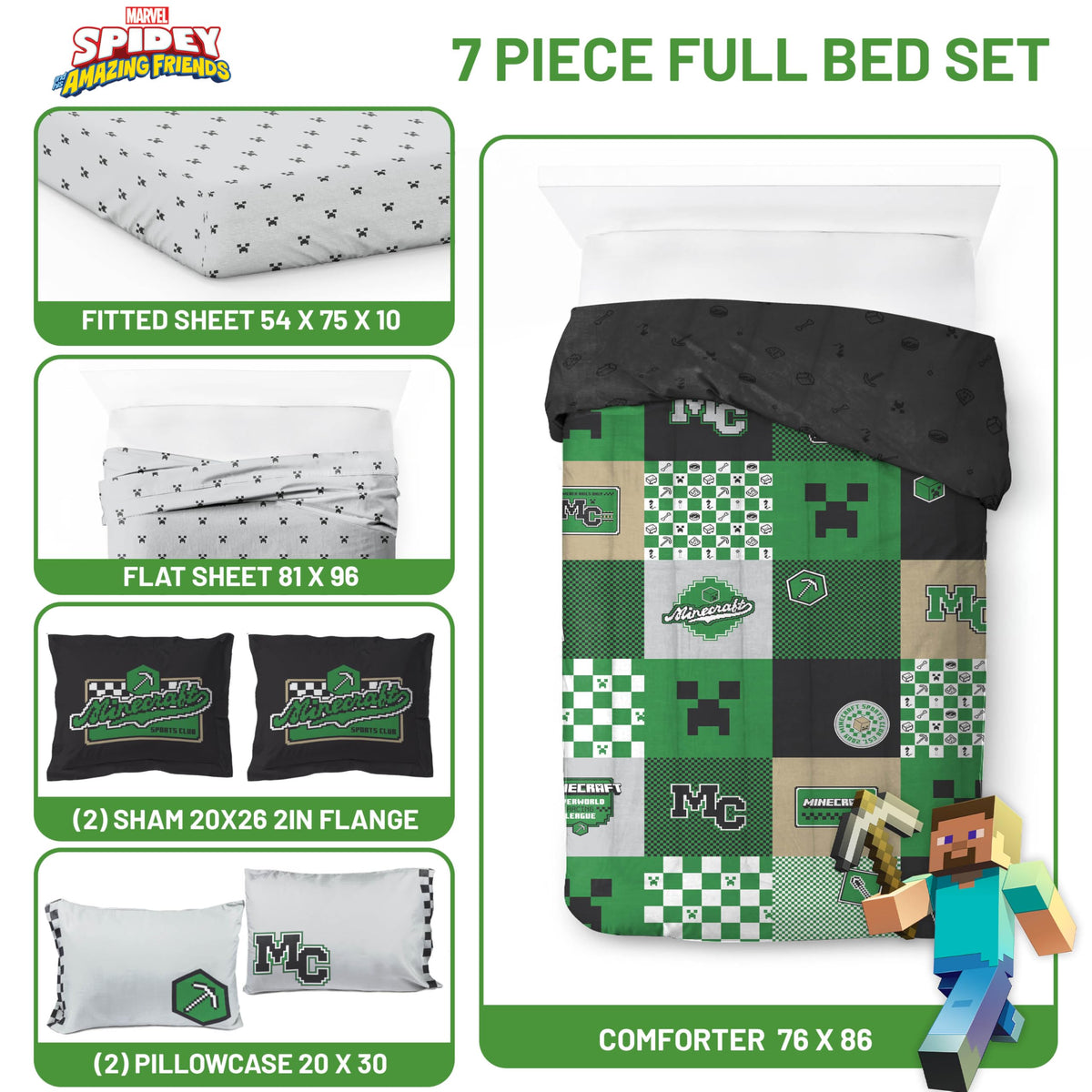 Jay Franco Kids Comforter Set Includes Sheets and Pillow Covers - Soft and Cozy Bed Set for Stylish Room Decor, Official Licensed Bedding, Multi - Minecraft, 7 Piece Full