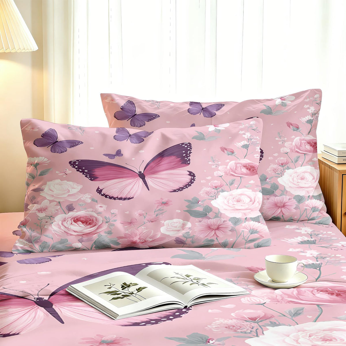Pink Rose Bedding Set 4 Pcs Girls Butterfly Full Sheets
