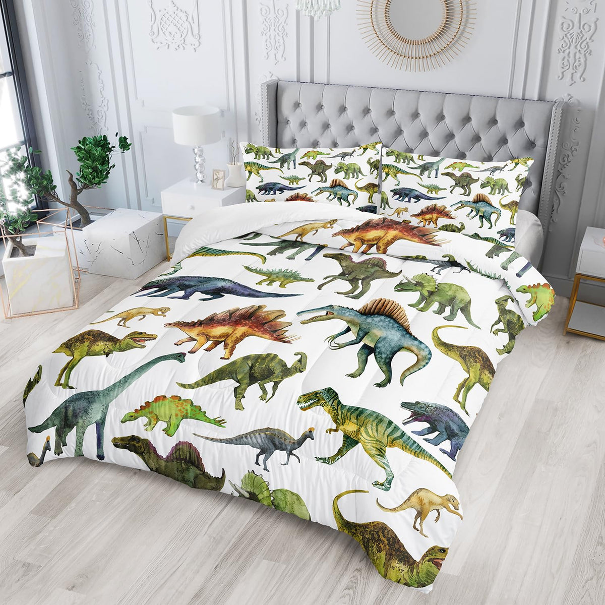 Nttopship Dinosaur Comforter Sets Twin Size，Dinosaur Printed Quilt Set for Bedroom Soft Microfiber All Season Print Quilt Set with 1 Comforter and 2 Pillow Case