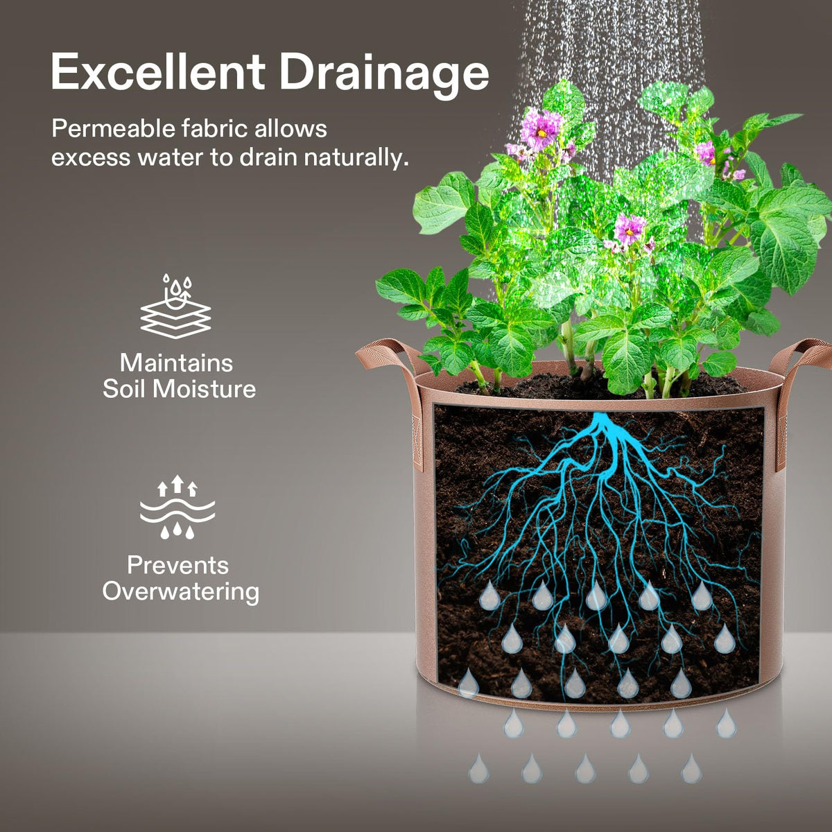 VIVOSUN 5-Pack 7 Gallons Grow Bags Heavy Duty Thickened Nonwoven Fabric Pots with Strap Handles Tan