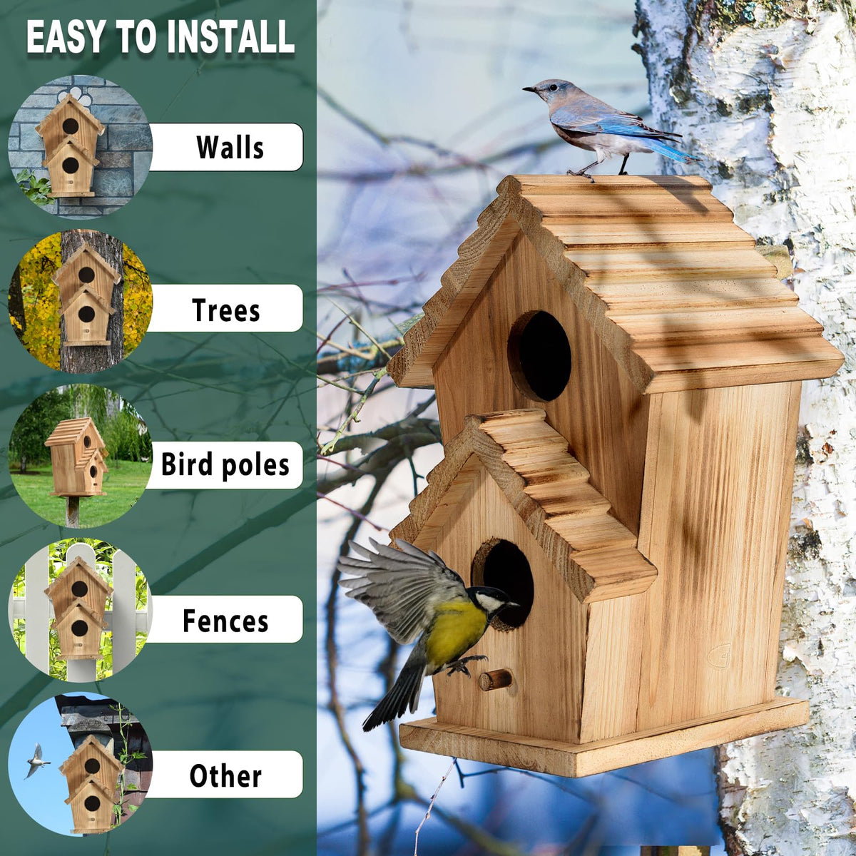 NATUREYLWL Bird Houses for Outside-2 Hole Wooden Outdoor Bird House,Wild Bird Box House,Nesting Box Birdhouse,Garden Bird Roosting