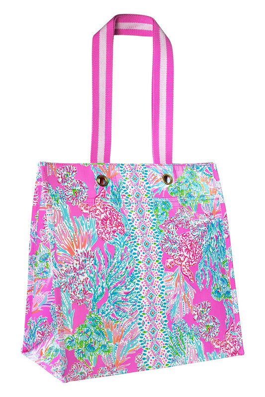 Lilly Pulitzer Pink Market Shopper Bag, Reusable Grocery Tote, Shoulder Bag for Produce or Travel, Seaing Things (Pack of 2)