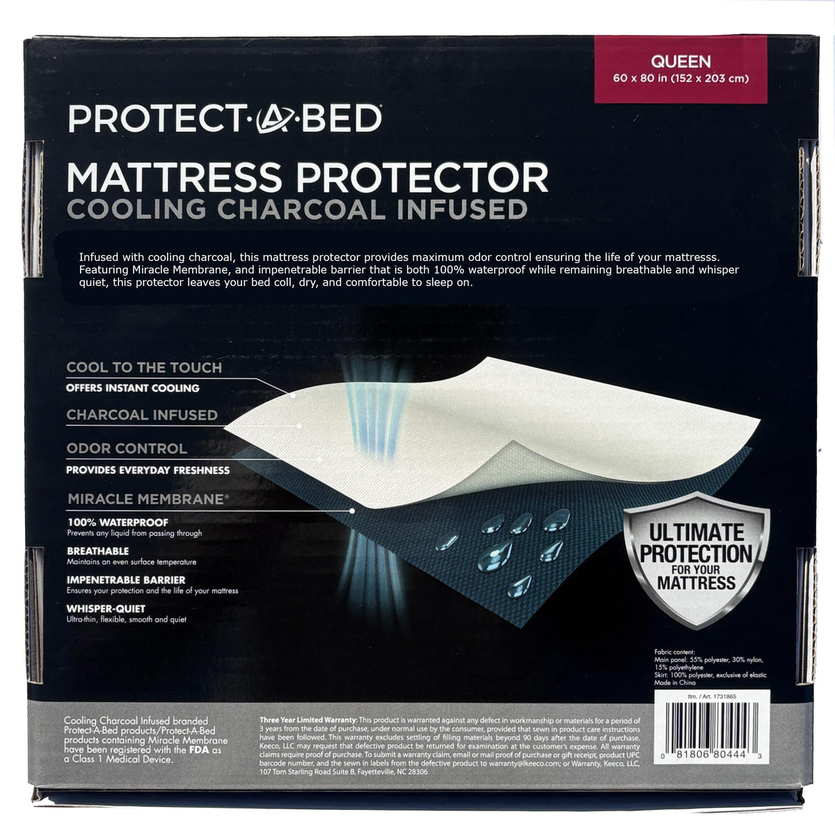 Cooling Charcoal Infused Mattress Protector, Protect-A-Bed, Waterproof, 5-Sided, Queen