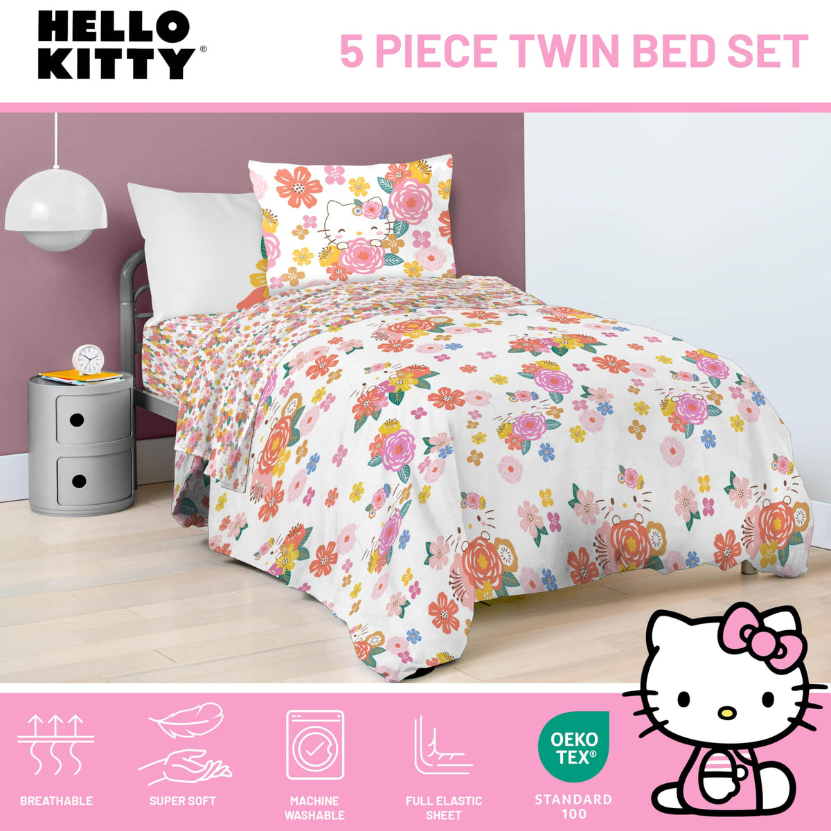 Jay Franco Hello Kitty Twin Size Comforter Set - 7 Piece Bedding Includes Sheet Set & Pillow Covers - Super Soft Floral Bedding