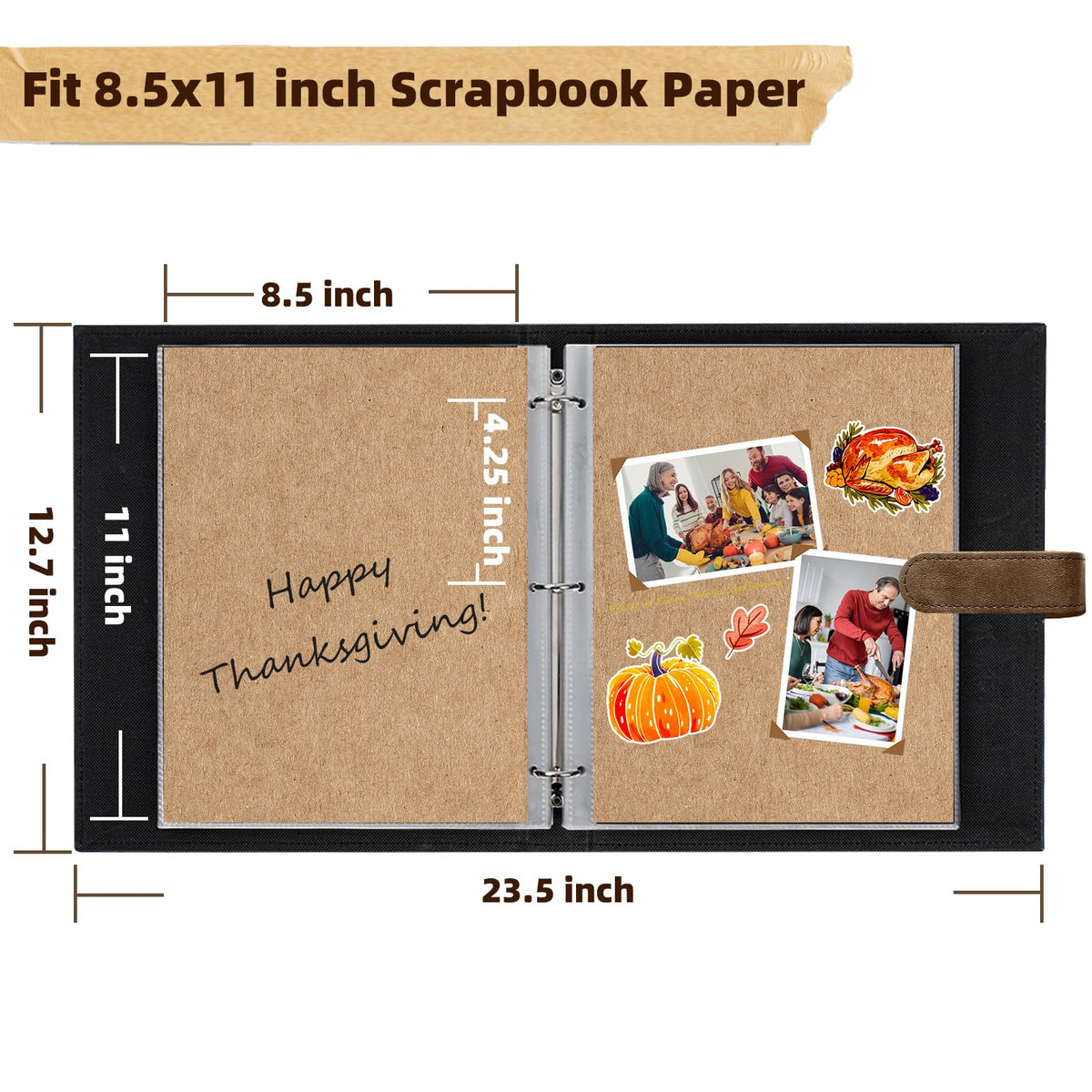 Vienrose 13x11 Inch 3 Ring DIY Scrapbook Album Gift Set, Faux Leather Cover Blank Scrapbooks Photobook with 30 Plastic Sleeves 60 Kraft Pages for Valentine Gift Wedding Family Anniversary DarkBrown