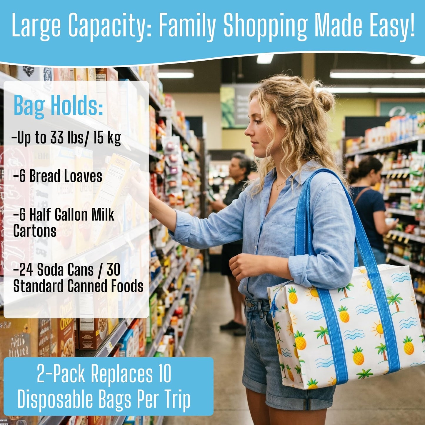 VENO 2 Pack Reusable Grocery Bags with Zipper, Heavy Duty Large Utility Tote with Hard Bottom, Foldable Water-Resistant Shopping Bags for Summer Beach, Pool, Picnic & Family Travel (Tropical Island)