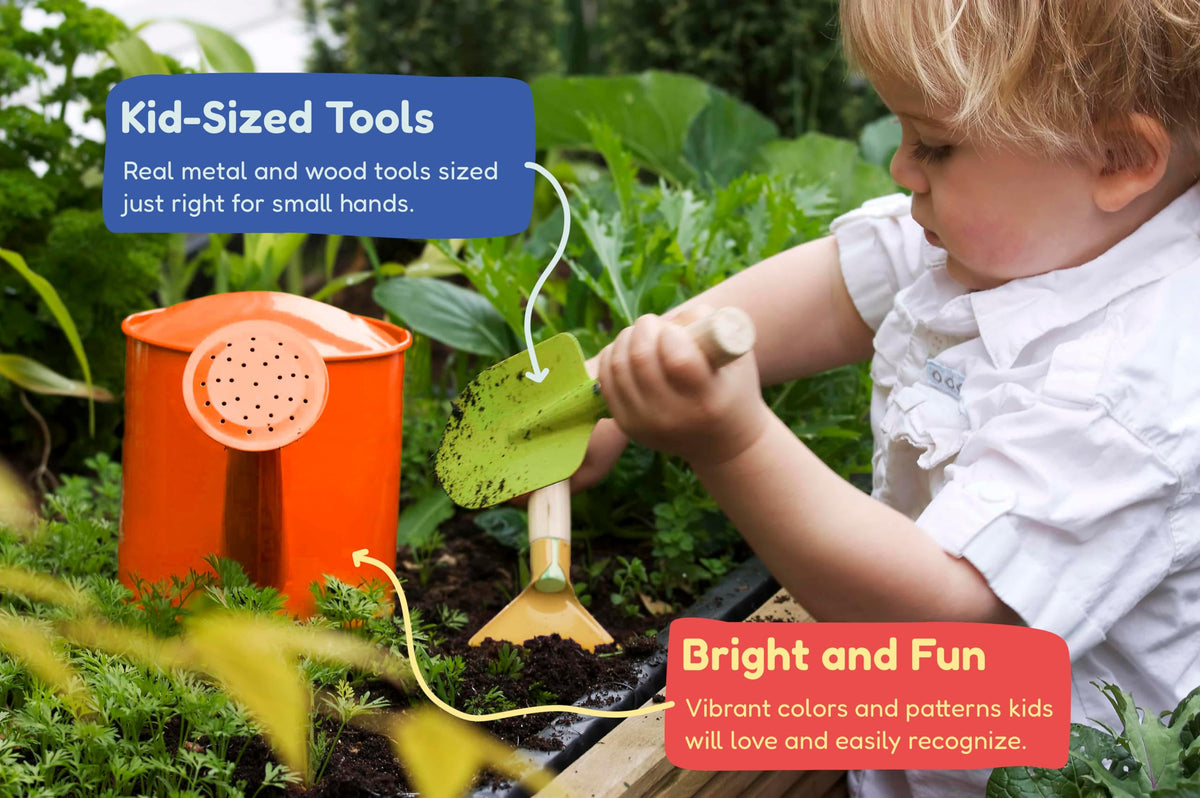 Kinderific Gardening Set, Tool Kit, for Kids, STEM, Includes Tote Bag, Spade, Watering Can, Rake, Fork, Trowel and Gloves (Sunshine)