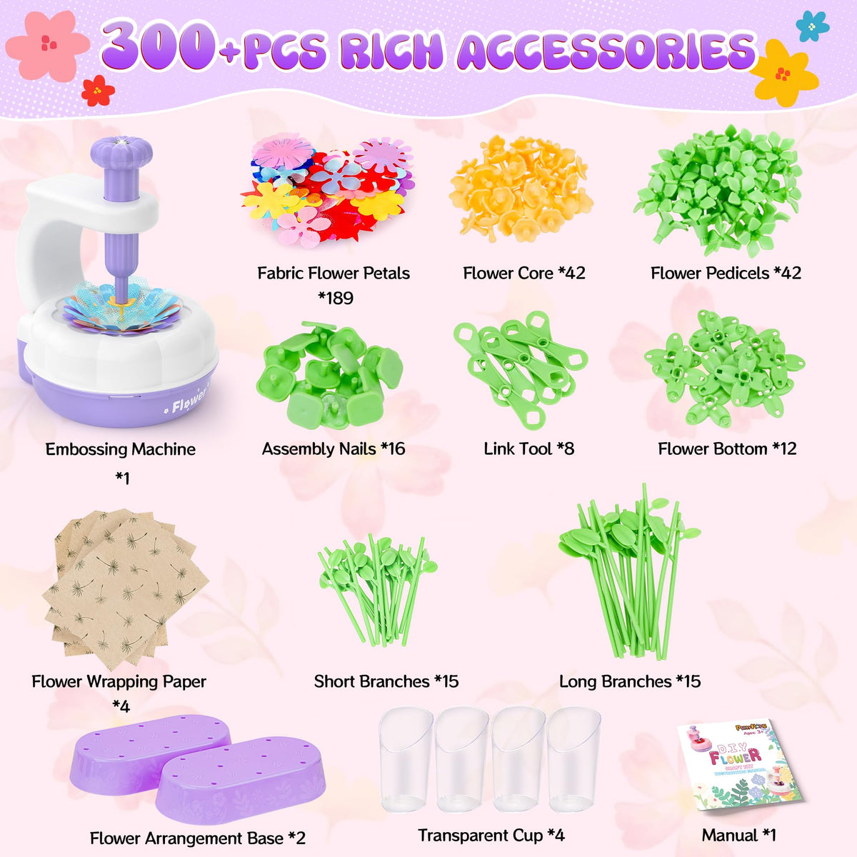 GirlsHome 300+PCS Fabric Flower Bouquets Toys, DIY Flower Making Kit for Kids, Reusable Arts and Crafts for Kids, 2 Gameplays STEM Educational Preschool Toy, Birthday Gifts for 3 4 5 6 7 8+ Years Old