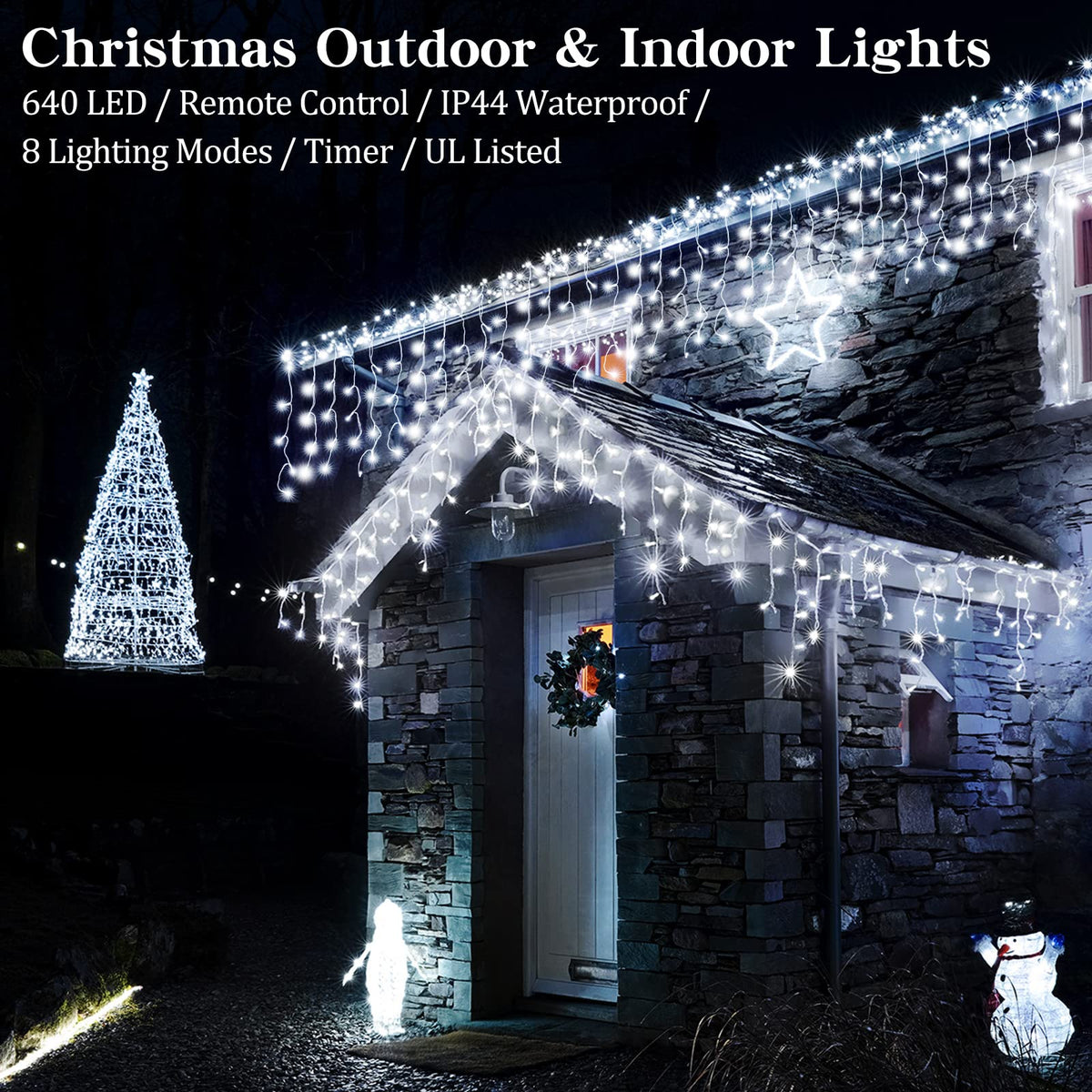 Icicle Christmas Lights Outdoor Decorations 640 LED 65.6 FT 8 Modes LED Icicle String Light with 120 Drops, Fairy String Curtain Lights for Christmas Holiday Decor Wedding Party (Cold White)