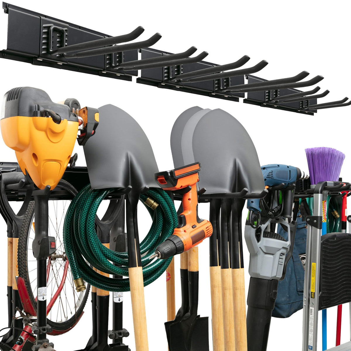 TIDYME Garage Tool Organizer Wall Mount - 48 inches - Sturdy Storage Rack with Adjustable Hooks, Anti-Rust - Easy Installation, 300lbs Capacity - Garden Tool Organizer (03 Racks & 06 Hooks)