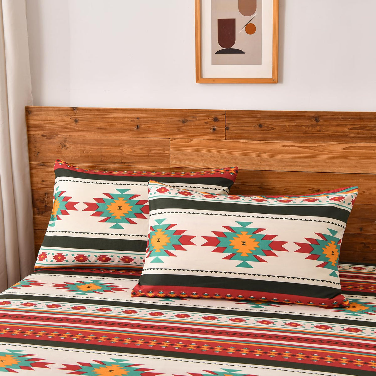 Chezmoi Collection Prescott 3-Piece Southwestern Microfiber Sheet Set, Printed Geometric Tribal Multicolor Cream Red Teal Orange Bed Sheets, Twin XL Size
