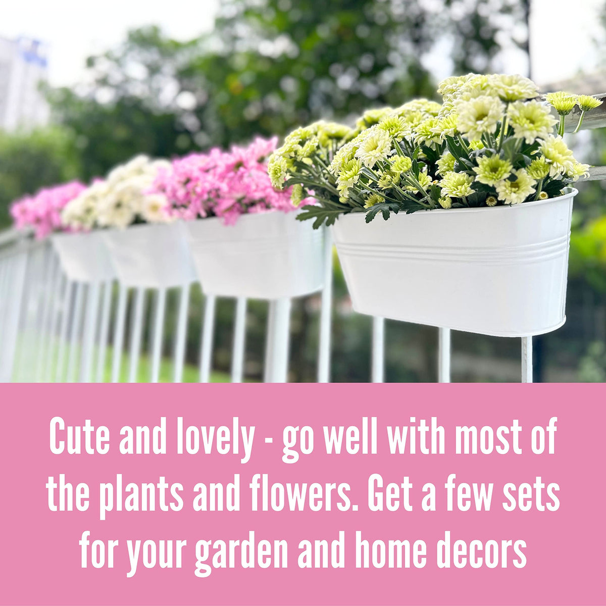 LaLaGreen Rail Planter Outdoor (6 Pack, 11.8 Inch) White Metal Iron Hanging Flower Pots Deck Railings Fence Buckets Modern Countryside Boho Style Wall Mount Window Box Plant Holder Hooks Porch Decor