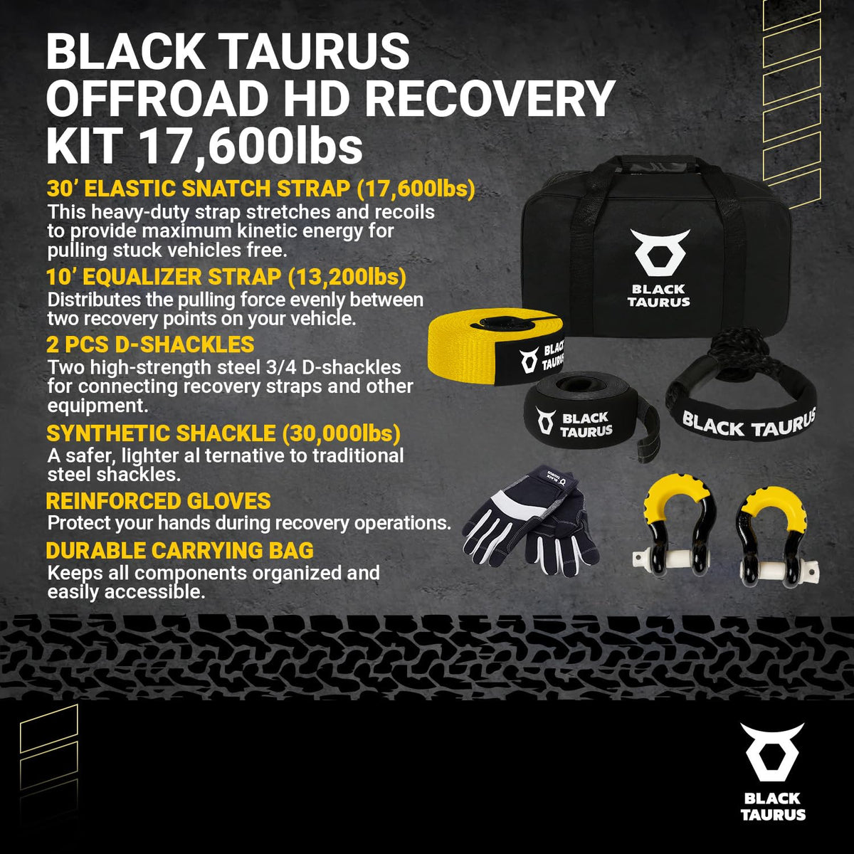 Black Taurus Complete Off-Road Recovery Kit – 2-3/8" 30' HD Snatch Strap 17,600lbs, 10' Equalizer Strap 13,200lbs, Steel D-Shackles, 30,000lbs HMPE Soft Shackle, Gloves & Storage Bag Recovery Gear