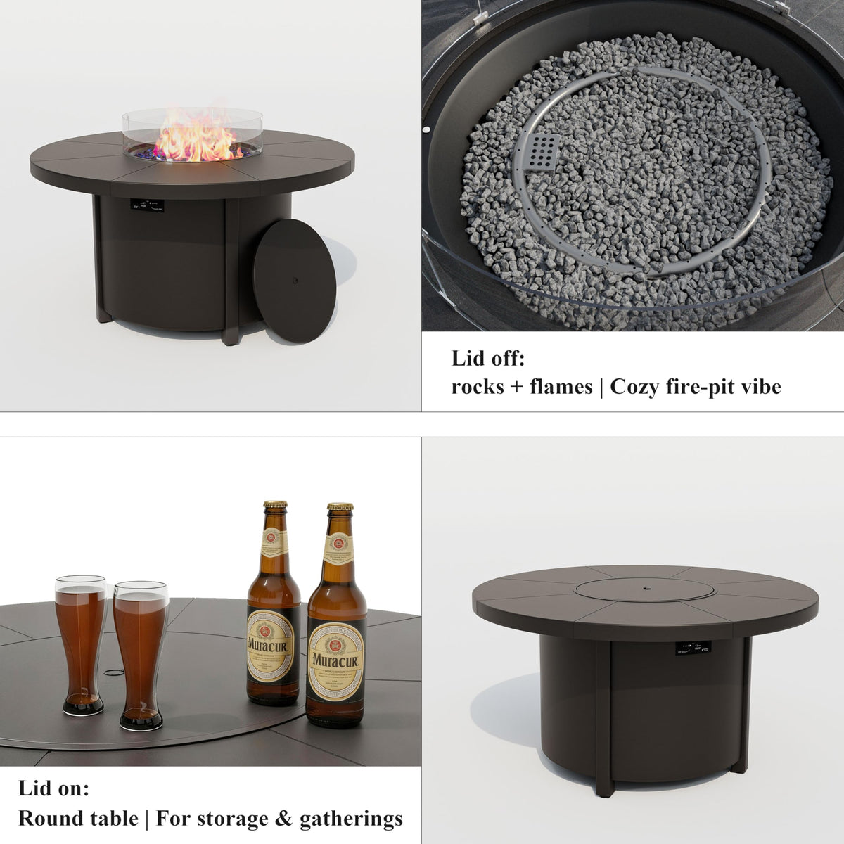 ASJMR 48 Inch Round Propane Fire Pit Table, 55000 BTU Auto-Ignition Gas Fire Pit with Steel Tabletop, Adjustable Flame, Windshield, Lid & CSA Certification for Patio Backyard Garden