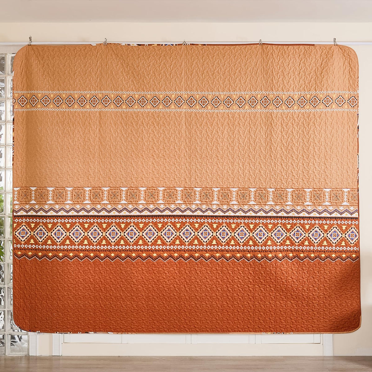WONGS BEDDING 3 Pieces Quilt Set California King, Burnt Orange/Rust Thanksgiving Quilt Bedspread Bohemian Coverlet Set with 2 Pillowcase, Fall Soft Thanksgiving Bedding Set All Season 106"×96"