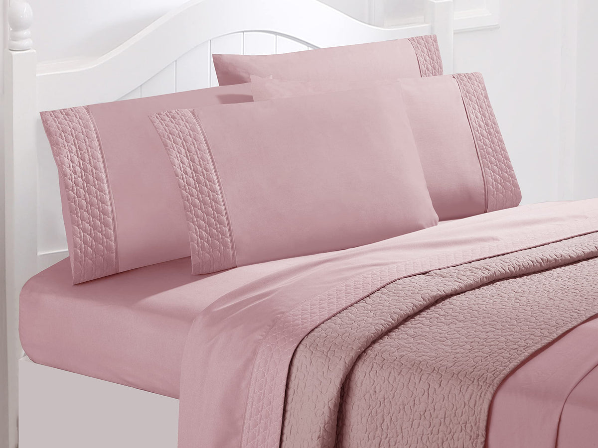 Elegant Comfort Luxury Soft Coziest 4-Piece Bed Sheet Set 1500 Thread Count Egyptian Quality Microfiber Wrinkle Resistant Beautiful Quilted Design on Flat Sheet and Pillowcases, King, Dusty Rose