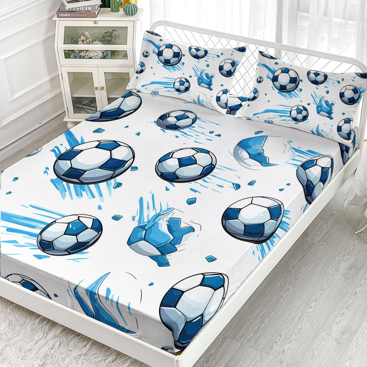 AILONEN Kids Soccer Full Size Fitted Sheet Set, Sport Football Bed Sheet, Blue Graffiti Bedding for Boys Adults, 1 Fitted Sheet With 2 Pillowcases, 3 Piece