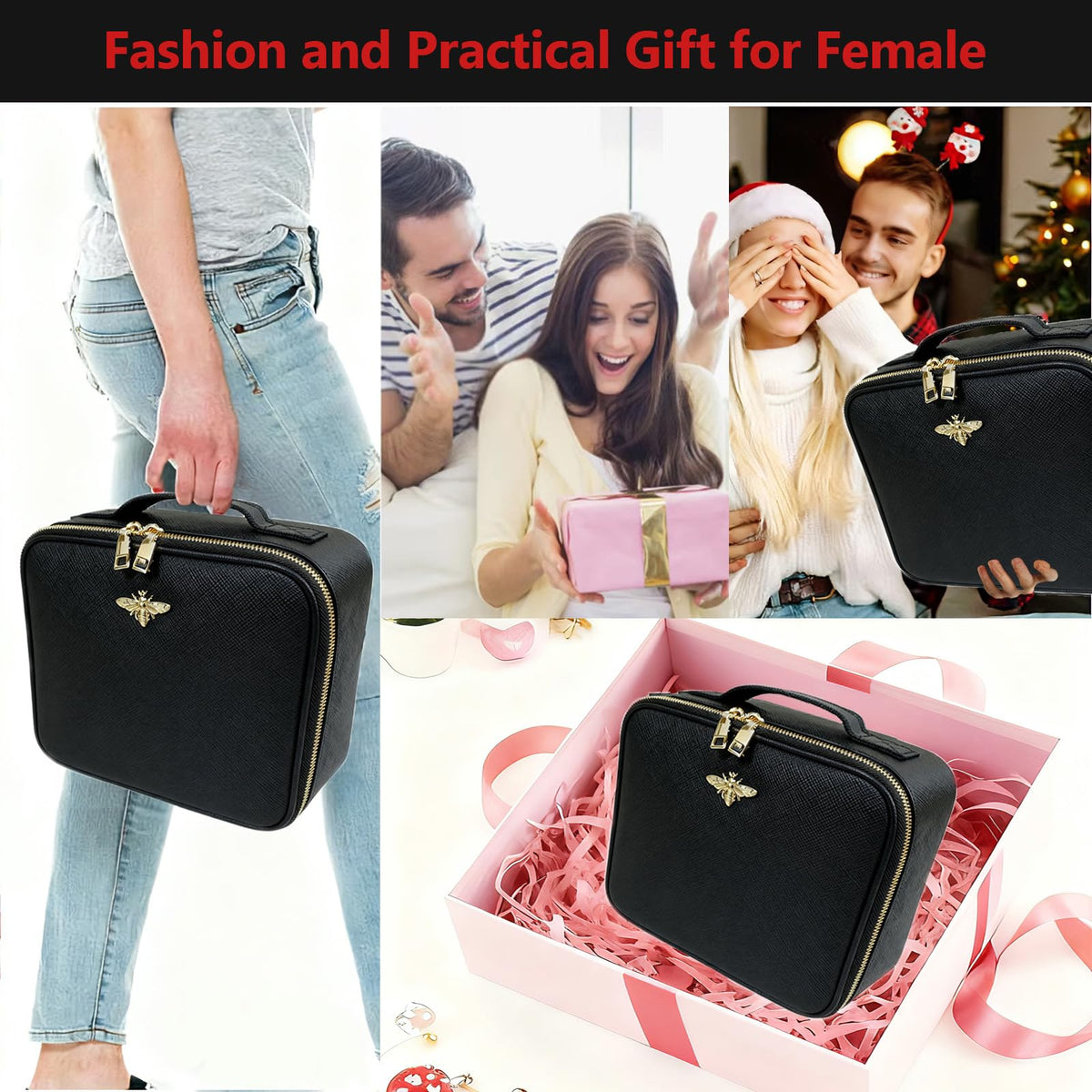 Travel Makeup Bag with Light Up Mirror, Portable Makeup Bag with Led Light Women Waterproof Makeup Travel Case adjustable dividers Rechargeable Vanity Mirror with 3 Color Lights (NO Shoulder Strap)