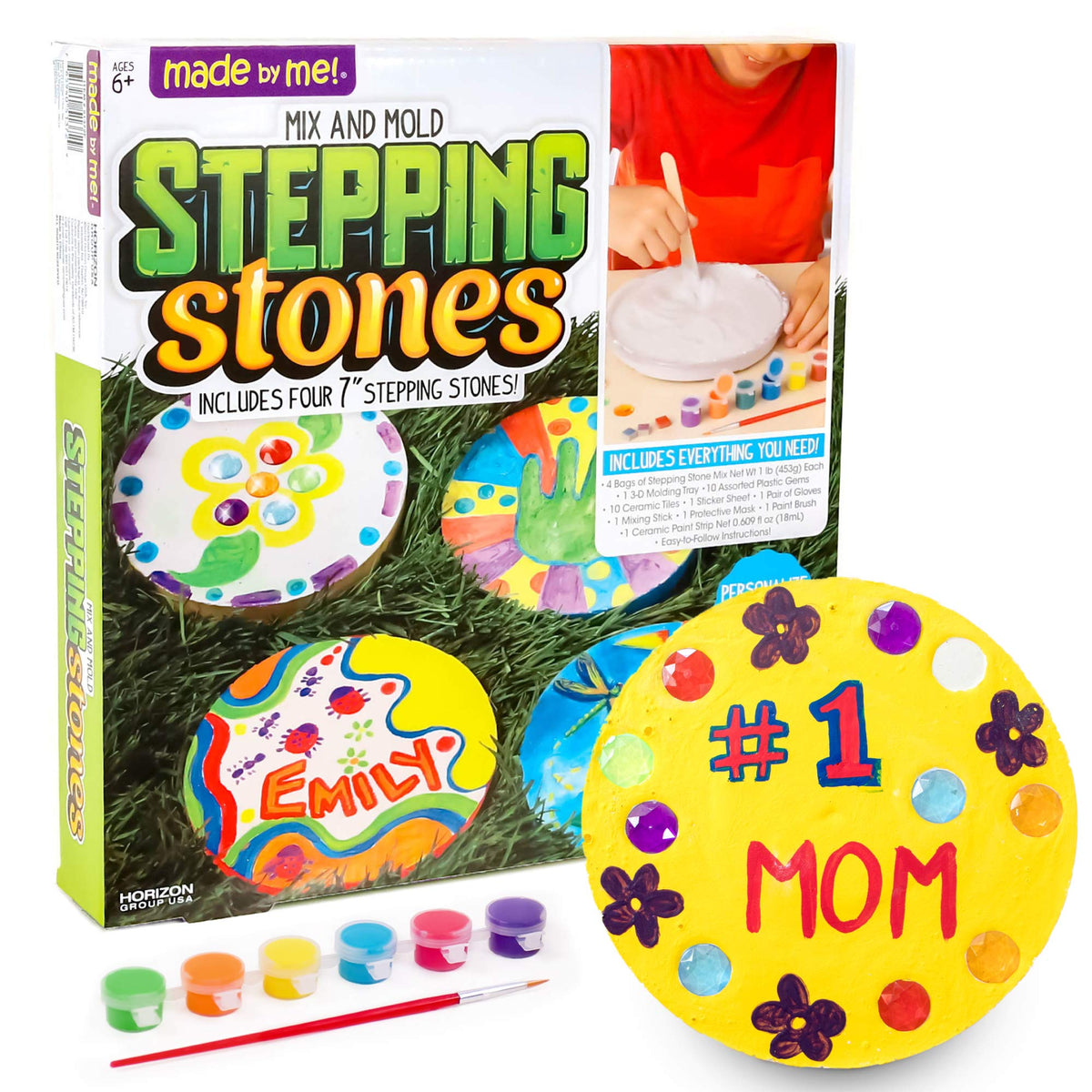 Made By Me Mix & Mold Your Own & Make 4 DIY Personalized Stepping Stones, Great Spring & Summer Weekend Activity, Perfect Keepsake, Birthday Party Idea for Kids Ages 5, 6, 7, 8, 9, Multicolor