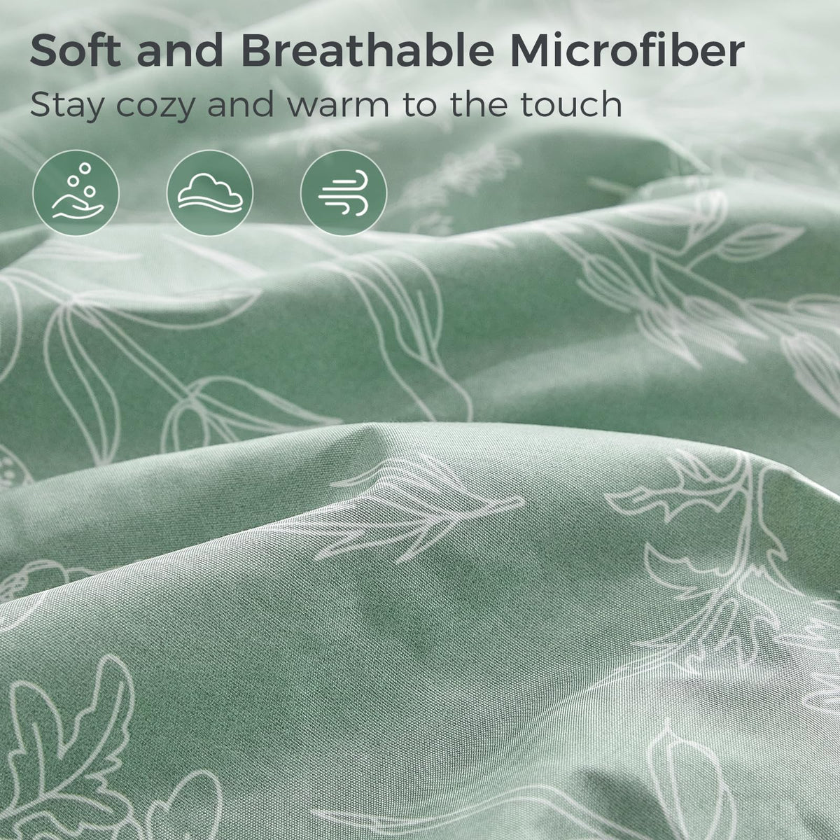 Tokokimo Floral Sheets Set King Size, 16 inches Deep Pocket Fitted Sheet, Flat Sheet & Envelope Closure Pillowcases, Soft Breathable Microfiber Sheet Set 4-Piece, Green and White Leaf Floral