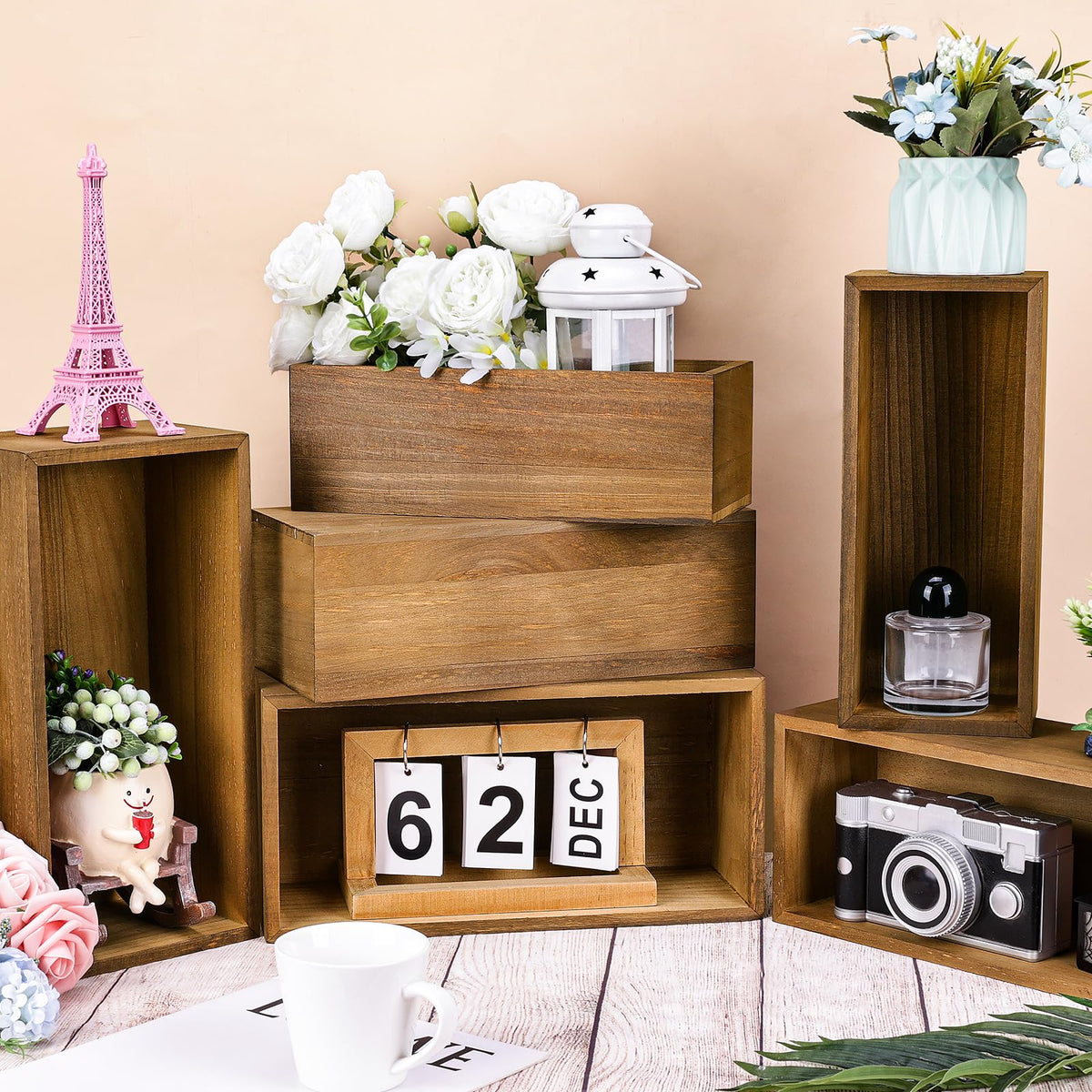 LEIFEOSH 6 Pcs Rustic Wooden Boxes for Storage, Decorative, Display, Arts & Crafts, Rectangle Wooden Crate Wood Planter Box Party Food Risers Nesting Box Wedding Table Centerpiece Home Decor, Brown