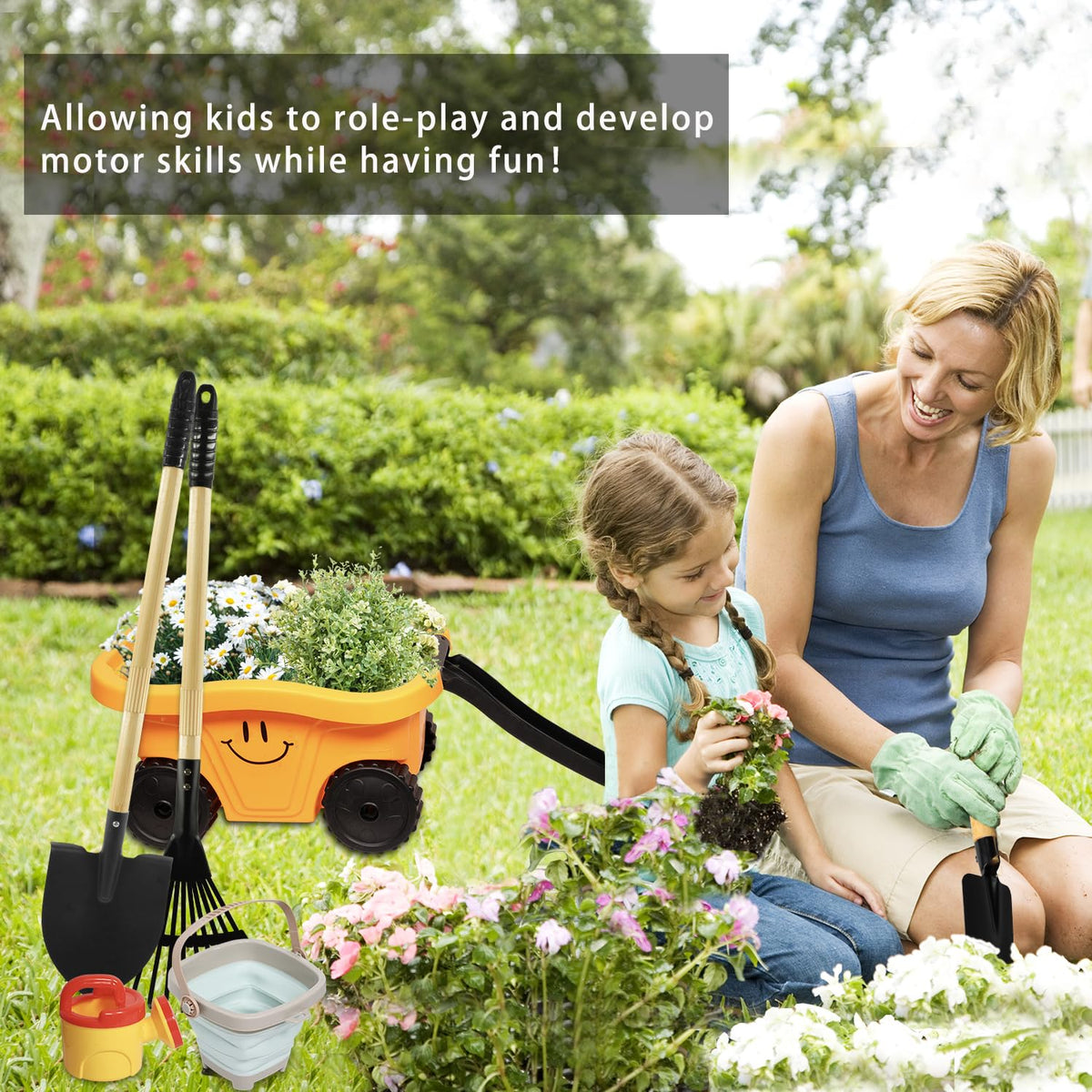 CHEERBANK Toddlers Rake & Shovel Set with Wheelbarrow, Kids Yard Tools for Digging, Gardening, Beach, Sandbox, Lawn, Camping, Summer Outdoor Garden Toys Gifts for Children Age 2-5 Years Old