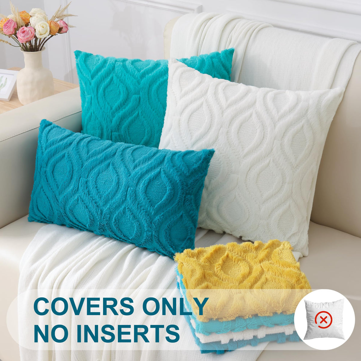 decorUhome Throw Pillow Covers 18x18 Inch Set of 2, Soft Plush Faux Wool Teal Solid Couch Pillow Covers, Accent Farmhouse Neutral Square Pillow Cases for Sofa Bed Living Room
