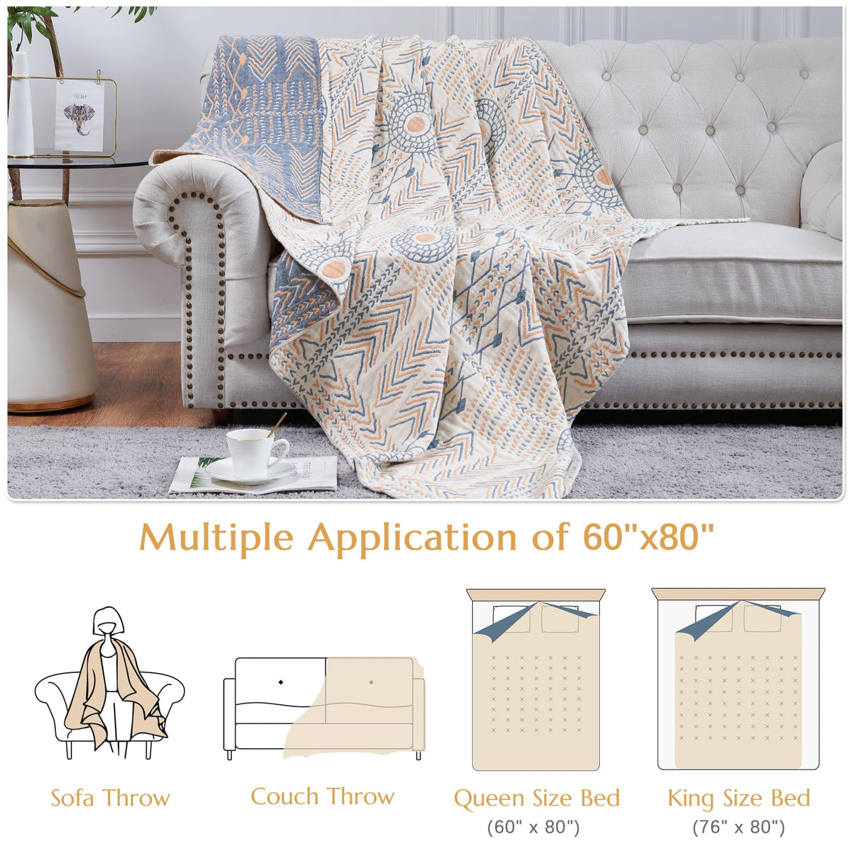 jinchan Boho 100% Cotton Muslin Twin Size 60x80 Throw Blanket Lightweight 4-Layer Orange Reversible Blanket Washable Breathable Geometric Striped Pattern Soft Comfy for Couch Bed Decor All Seasons