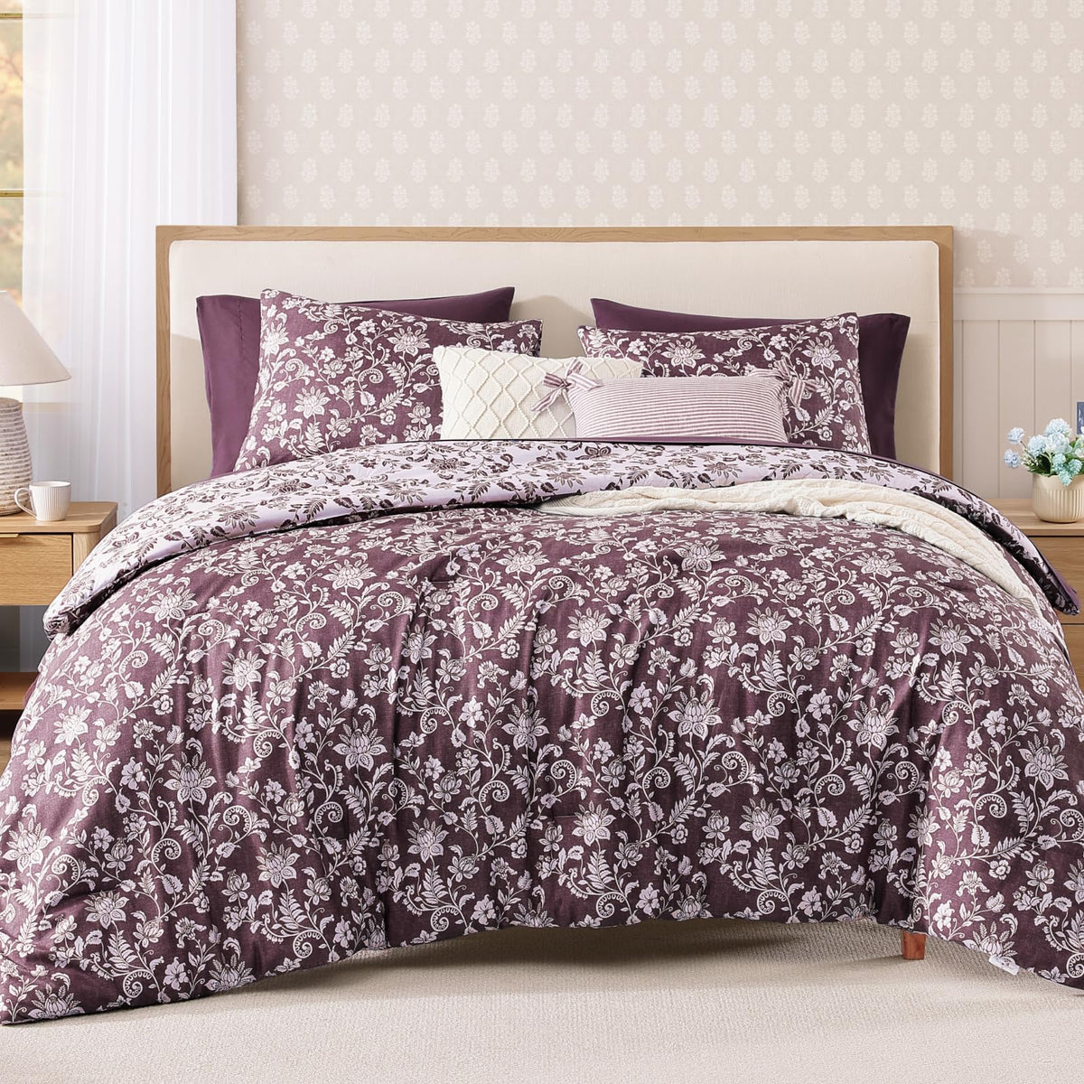 BLOOMHAVEN Queen Comforter Set -7 Pieces Floral Dark Purple Comforter Set for All Seasons, Bed in a Bag Queen with Botanical Flowers Comforter, Sheets, Pillowcases & Shams