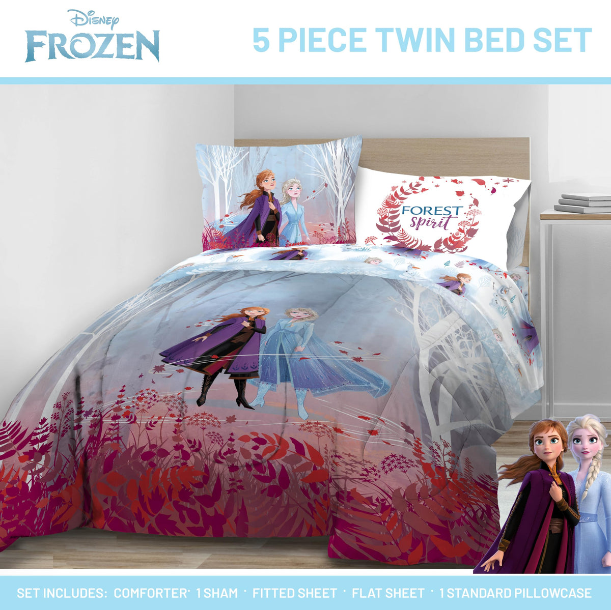 Disney Frozen 2 Forest Spirit 5 Piece Twin Bed Set - Includes Reversible Comforter & Sheet Set - Bedding Features Elsa & Anna - Super Soft Fade Resistant Microfiber - (Official Disney Product)