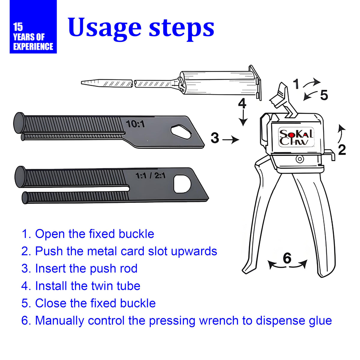 SoKalChw Mixing dispensing gun, Epoxy glue gun, AB Impression Material Gun ratio 1:1/2:1 for 50ml, Compatible with 3M adhesive 04747 cartridges and double cartridges, With 10 pcs 3.3in mixing nozzl