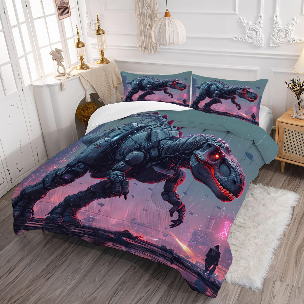 VTKON Kids Dinosaur Comforter Set Queen Size Dino Bedding Set for Kids Teens 3D Printed Neon Dino Comforter Sets 3 Pcs Soft Microfiber Boys Bedroom Decor