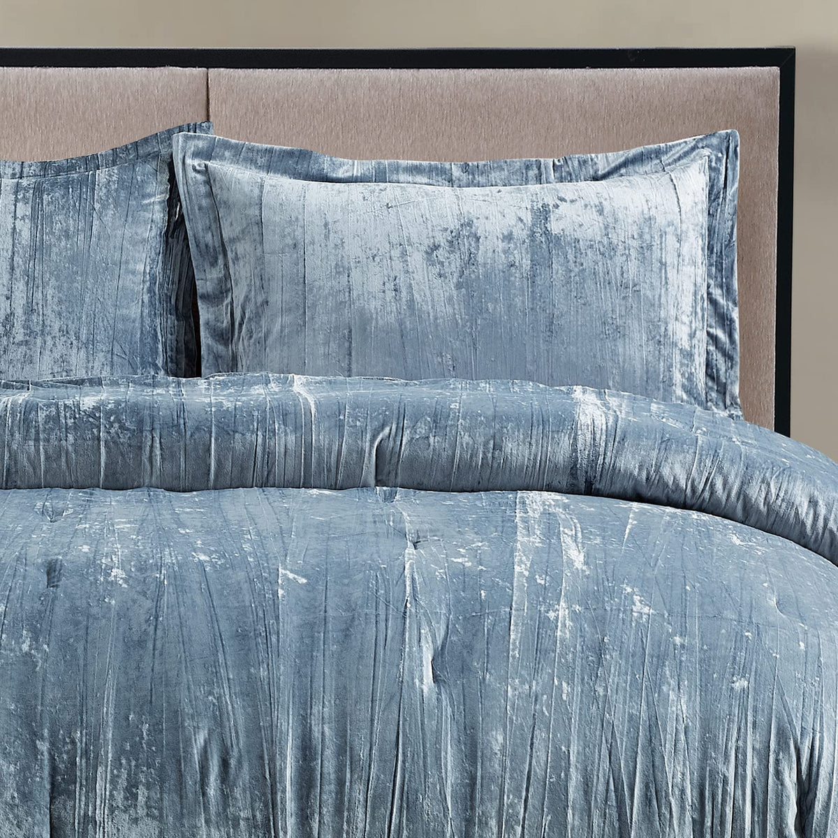 Fredsure Crinkle Velvet Comforter Set, 3 Pieces Blue Queen, Crinkle Velvet Face and Brushed Microfiber Reverse, with Light Poly Fill